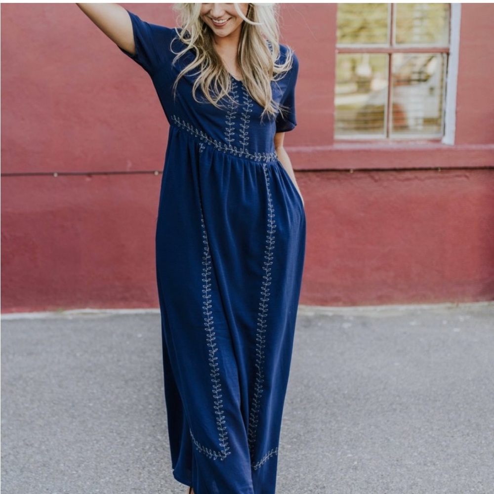 Roolee Blue Embroidered Maxi Dress